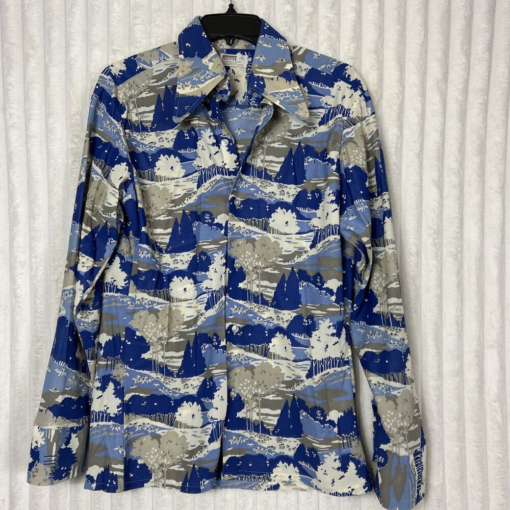 Vintage Montgomery Ward 70s Button Down Graphic Print Disco Collar Men’s Shirt M